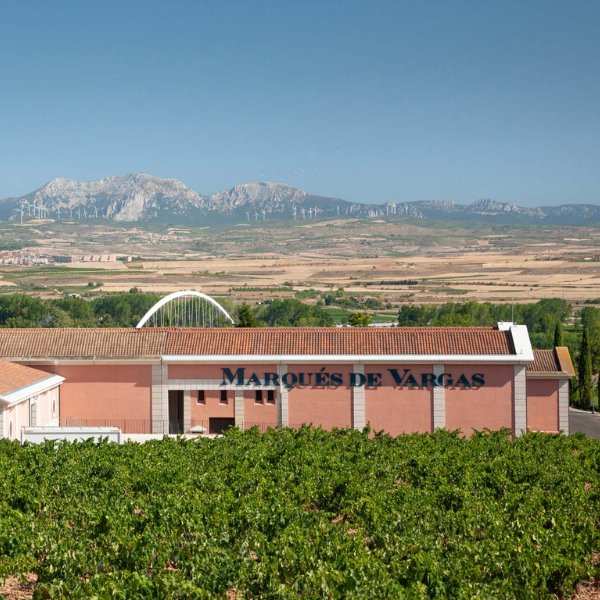 Im Panorama das Weingut Bodega Marques de Varga, mit seinen Weinreben und großer, weitläufiger Fläche im Hintergrund. Abschließend Gebirgszüge am Horizont