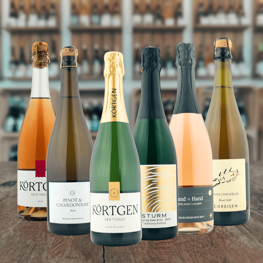Ein stimmungsvolles Bild mit einer Auswahl hochwertiger Sektflaschen, ansprechend präsentiert im stilvollen Innenraum der Vinothek WineAmigos aus Bonn.