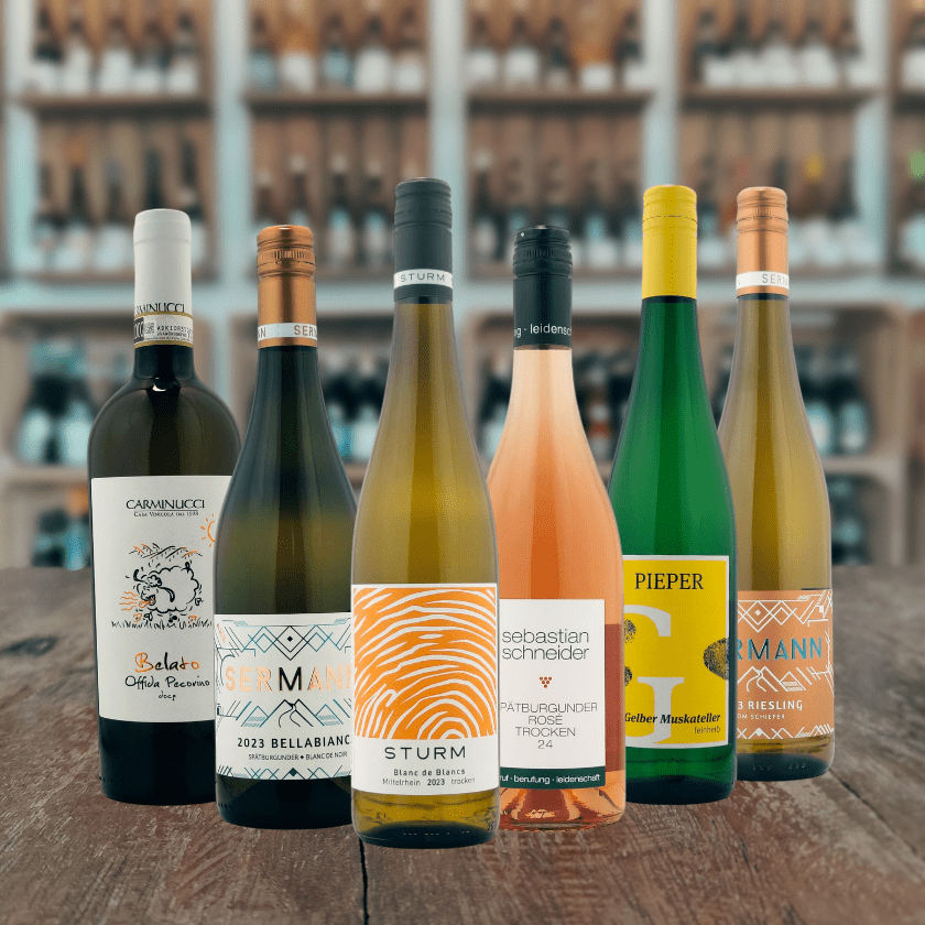 Die Weine aus dem Weinpaket leichte Weine, links angefangen mit dem Belato Pecorino vom Weingut Carminucci, Bellabiaca vom Weingut Sermann, Blanc de Blanc vom Weingut Sturm, Spätburgunder Rosé vom Weingut  Sebastian Schneider, Gelber Muskateller vom Weingut Pieper und Riesling vom Weingut Sermann. Im Hintergrund die Regale der Vinothek WineAmigos aus Bonn.